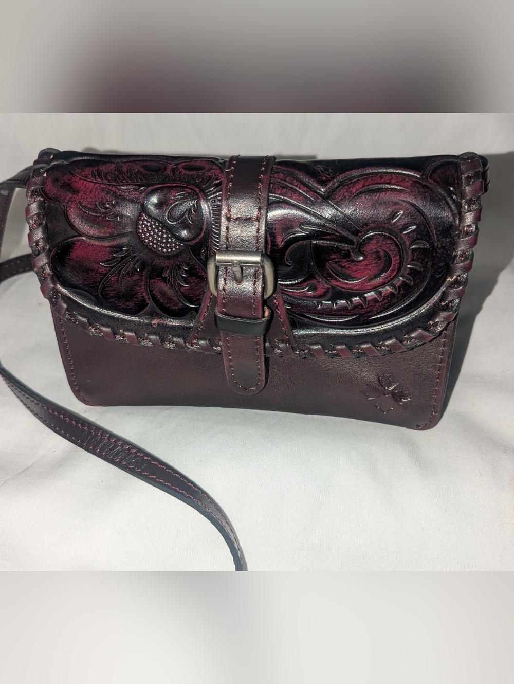 Patricia Nash Torri Hand-Tooled Leather Crossbody in Burgundy Whipstich Details